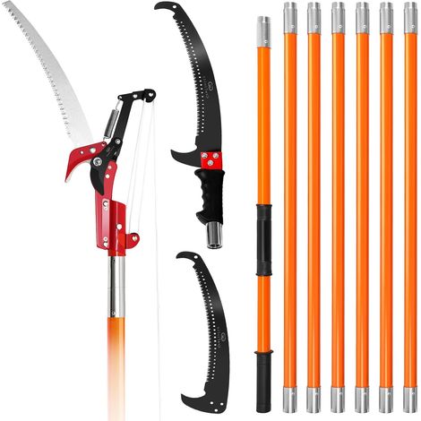 Scie à élaguer télescopique 2,38–8,23 m et sécateur à poulie Perche télescopique 8 sections à filetage,2 lames à double crochet en acier carbone,pour arbres jardin et fruitiers, Orange (1/5)