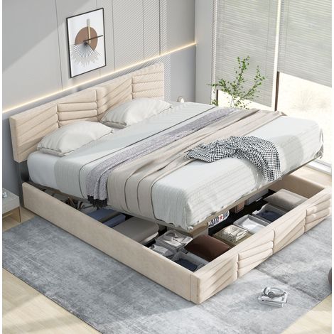 Cama doble tapizada 140x190 con cabezal regulable beige OKMYHOME (1/5)