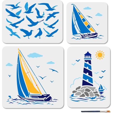 4 pochoir Réutilisable Motif Voilier Mouette et Phare 2030cm avec Pinceau pour la Décoration de Murs Meubles Papier Toile et Scrapbooking (1/5)