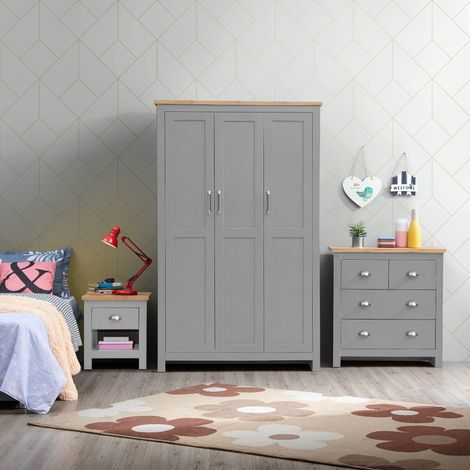 3 Piece Bedroom Furniture Set Grey 3 Door Wardrobe 2+2 Chest1 Drawer Bedside Table Oak top (1/5)