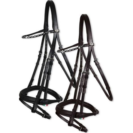 Full, Nero: Briglia da cavallo per monta inglese in cuoio con frontalino fine effetto scacchiera