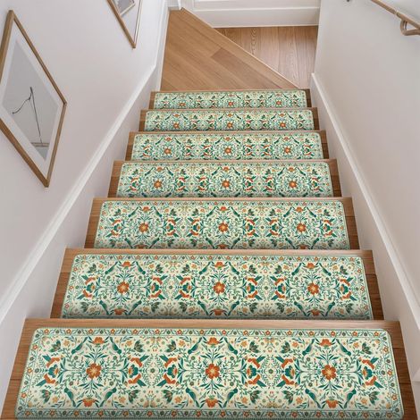 Ensemble de tapis de marche d'escalier  Motif floral vert-orange  2080cm  4 pièces  Terre de diatomées  Protection d'escalier antidérapante pour usage intérieur (1/5)