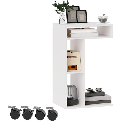 Mesa auxiliar Irovami en forma de C con ruedas, 3 compartimentos y 1 estante abierto, 40 x 30 x 69 cm, blanca