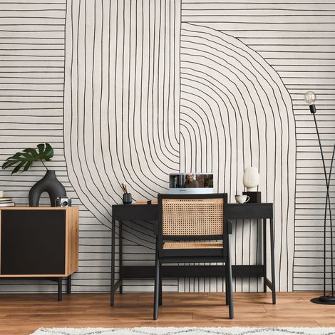 Photo wallpaper Profhome 398941 hot embossed non-woven wallpaper smooth with stripes matt cream beige black 3.71 m x 2.8 m