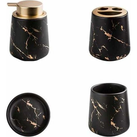 Juego de 4 accesorios de baño de cerámica marmolada: dispensador de jabón, portacepillos, vaso y jabonera, color negro mate. (1/4)
