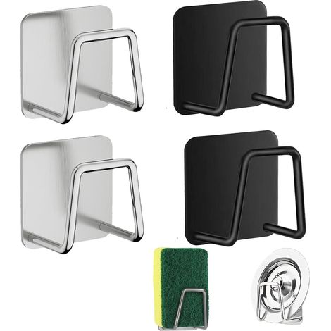 Soporte para esponjas de fregadero de acero inoxidable de 4 piezas, soporte para esponjas de cocina, autoadhesivo, almacenamiento para cocina y baño, plateado y negro. (1/5)