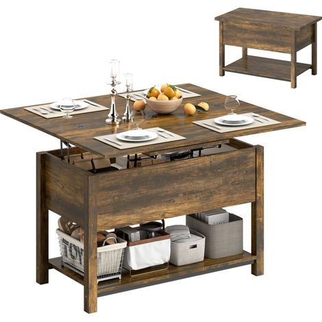 Table basse relevable et extensible table de salon avec compartiment caché étagère ouverte 100x45x50,5cm brun rustique