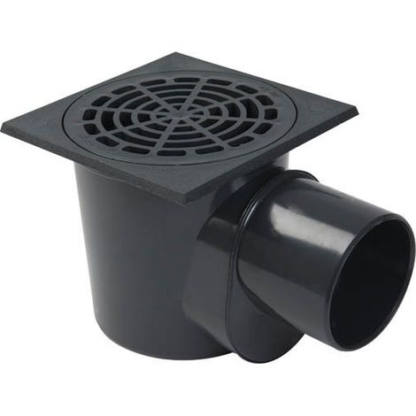 Nicoll – Siphon de cour à panier sortie horizontale 110/100 – Corps à sceller avec platine carrée – Garde d'eau 60 mm – Grille amovible