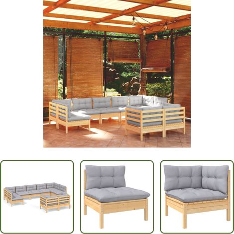Terrassensofa - 9-tlg. Garten-Lounge-Set mit Grauen Kissen Kiefer Massivholz (1/5)