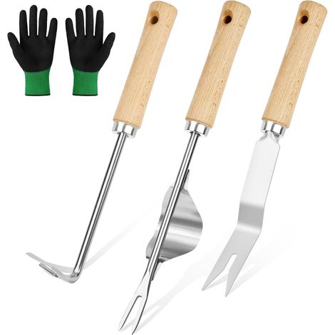 4 Pièces - Outil Désherbage - Couteau Jardin - Acier Inoxydable Manche Bois - Extraction Racines Joints Pierres - Jardin Potager Parc - Bois et Argent - 32,5x9,5x4,8cm