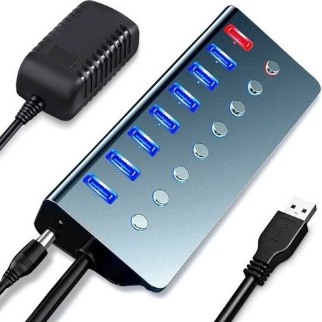 Hub USB powered, hub USB 7 ports powered 3.0 Extenseur of ports USB multiple with switches operation/stop (1/5)