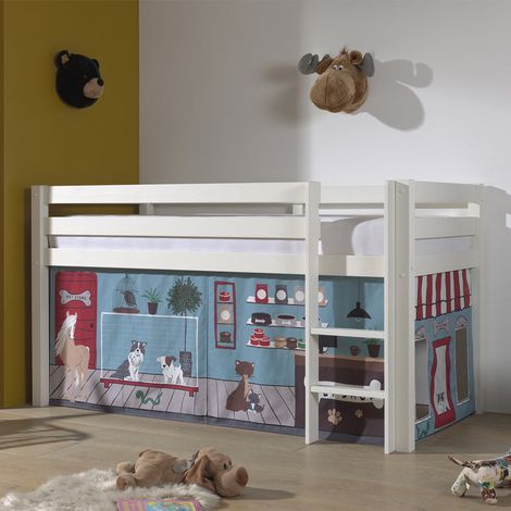 Cama de media altura 90x200 con somier y funda Pet Shop Vipack Pino Blanco (1/4)