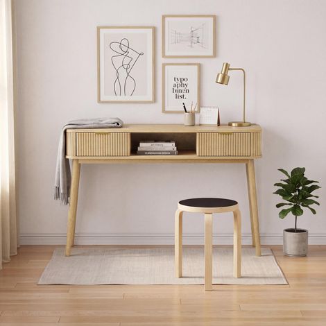 Table console 120 cm avec 2 tiroirs et étagère ouverte pieds bois massif - Console décor chêne, meuble d'entrée vintage rétro décor chêne (1/5)
