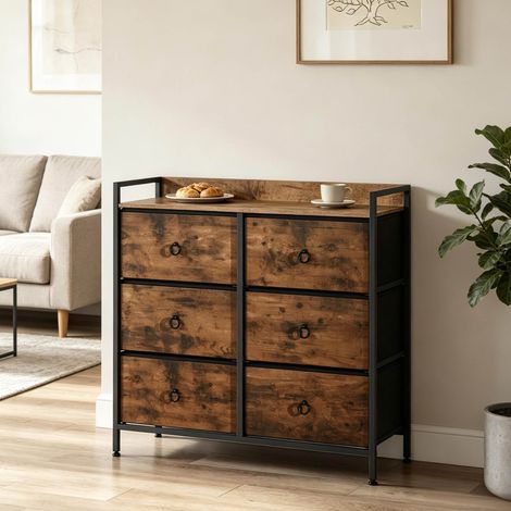 Flurschrank 80/29/78 cm mit 6 Stoffschubladen, Rustikalbraun und Schwarz (1/5)