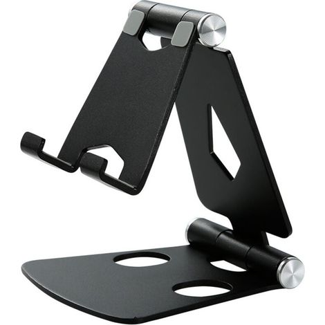 Supporto per telefono, supporto per tablet, docking station per telefono cellulare, tablet ed eBook, supporto da scrivania pieghevole in lega di alluminio, angolo regolabile - Nero (1/4)