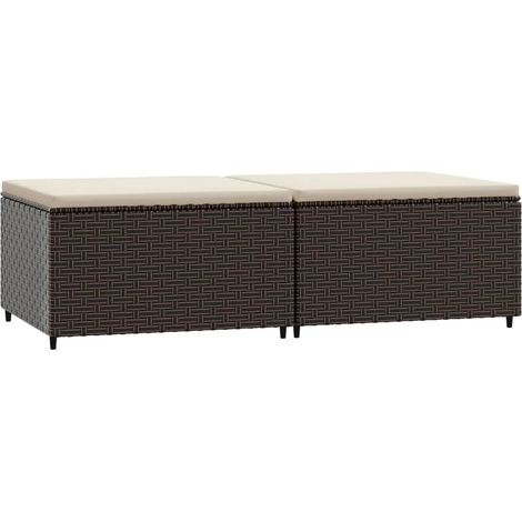 Repose-pieds de jardin et coussins 2 pcs marron résine tressée (1/5)