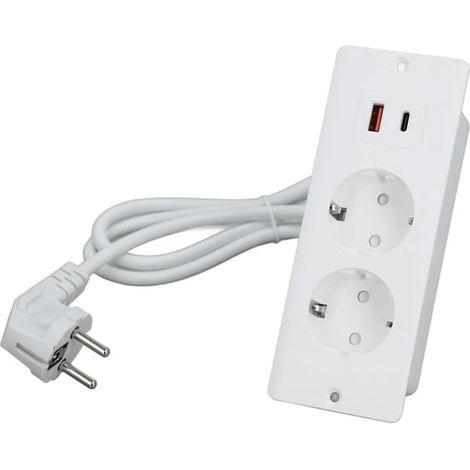 Multiprise encastrable pour bureaux avec deux ports USB, 1,5 m, blanche. (1/3)