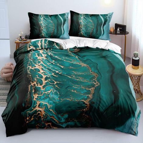 Bettwäsche Set Marmor Optik 200x200 cm Grün Gold 3D Effekt Mikrofaser