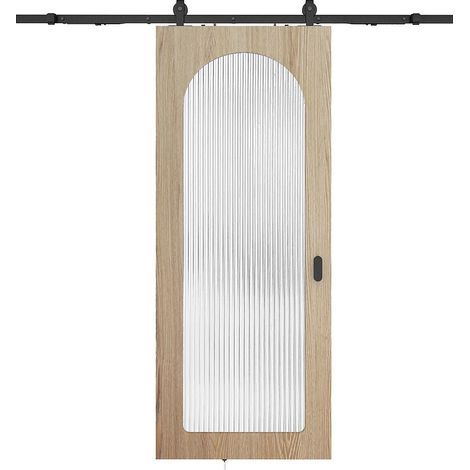 Porte coulissante avec système en applique en bois et MDF - arche naturel clair et verre trempé cannelé - H205 x L73 cm - ODEZA (1/3)