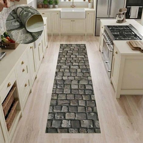 Tapis Vinyle pour Salon, Cuisine, entrée, Salle de Bains ou Chambres avec Envers en PVC antidérapant, Design numérique de Pierres Grises, Beiges et Mousse (1/5)
