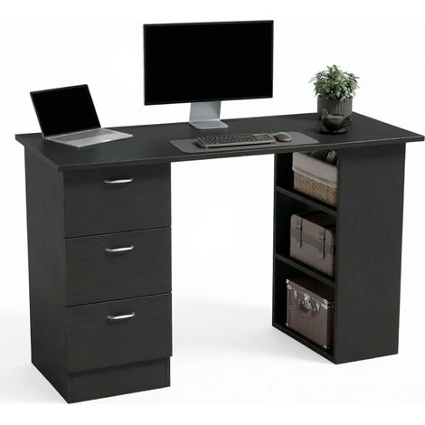 Bureau informatique noir 120 x 49 x 72 cm avec 3 tiroirs et 3 étagères réversibles (1/5)