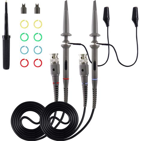 Sonda de osciloscopio de 100 MHz con kit de accesorios, pinza de cocodrilo y puntas de prueba, para medición electrónica.