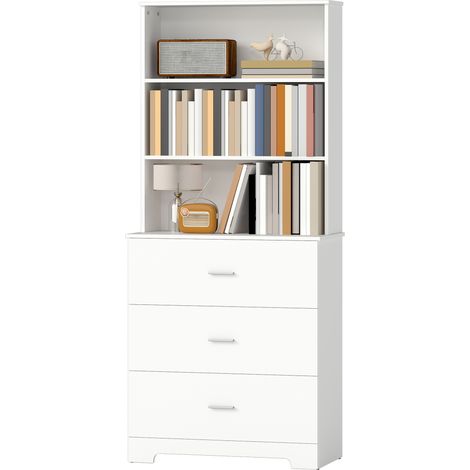 HOMCOM Mobile Libreria con 3 Ripiani Aperti e 3 Cassetti in Legno Bianco