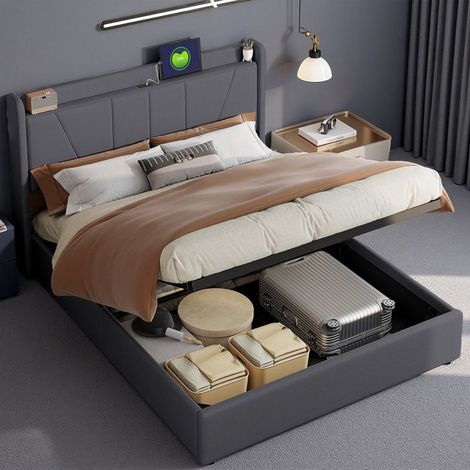 Letto 140x200 cm - 231205TT - USB - idraulico - Scandinavo - Lino - struttura letto matrimoniale 140x200 cm - Grigio