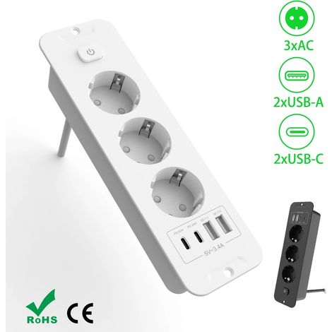 Prises encastrées sur Table ue, prises intégrées avec 3 prises 2 ports USB 2 Type C PD20W, prise de courant cachée pour bureau intégré pour meubles, Blanc