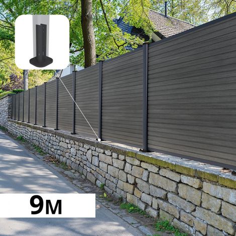 Kit Clôture Composite sur Muret SANTOS Ardoise 9x1,2m - Bois composite & Aluminium - Poteaux sur Platines Gris - Brise vue