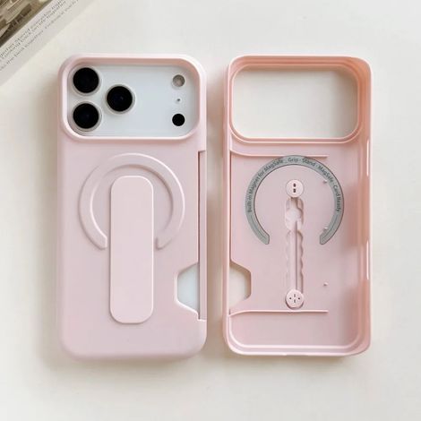 (Rose, iPhone 15 Pro) Étui de téléphone magnétique minimaliste avec fente pour carte, support anneau et caractéristiques antivol.
