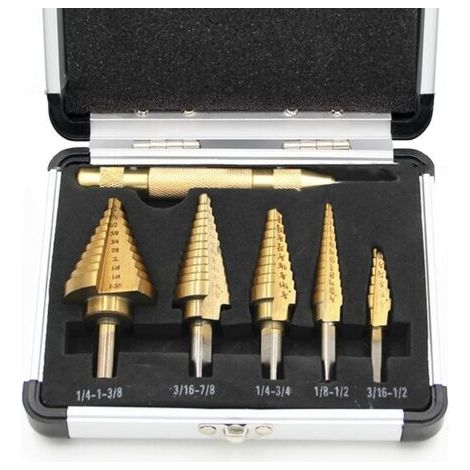 Lot de 6 forets étagés HSS et grains automatiques, avec revêtement en titane et boîtier en aluminium, kit de forets étagés multi-trous pour plastique, bois, métal (1/5)