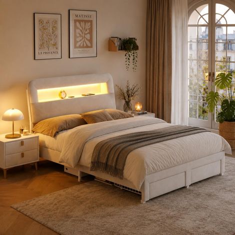 Lit coffre 160x200 cm capitonné velours, 2 tiroirs de rangement, LED, ports USB et Type-C (1/5)