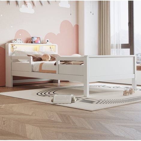 Cama infantil 90/200 cm blanca con LED, USB/Type-C y cabecero con estante (1/5)