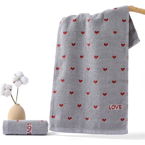 Serviette De Bain - Coton - 75 X 35 Cm - Motif Coeur - Gris - Lot De 2 (1/5)