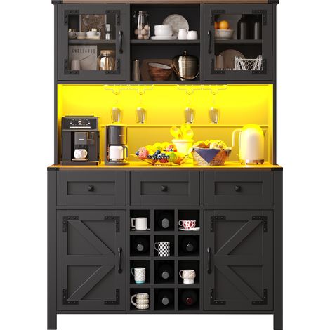 ELVMI Credenza Alta con 4 Ante e 1 Cassetto, LED e Prese USB, in MDF e Vetro, Nero, 120×40×170 cm (1/5)
