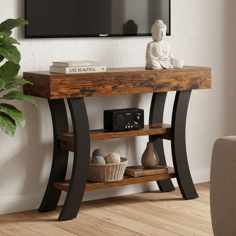 Konsolentisch aus Holz, 105 x 30 x 80 cm, dreistufiges, gewölbtes Gestell, für Eingangsbereich, Flur, Wohnzimmer, Foyer, braun und schwarz