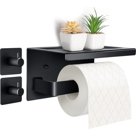 Purpledi Porte Rouleau Papier Toilettes en Aluminium (Perforé/Non perforé) Porte-Rouleau avec étagères Spacieuses Porte Rouleau Papier Toilette Noir Auto-adhésif avec Tablette (1/5)