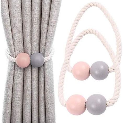 Lntyq Embrasses de Rideaux Magnétiques 2Pcs Embrasses de Rideau Fenêtre Drapé Holdback Clips de Rideau en Bois pour La Maison, Dortoir, Bureau, Fenêtre Décorative, Rose+Gris (1/5)
