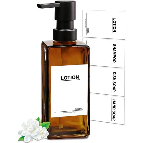 Distributeur de Savon en Verre Marron - 350 ML - Bouteilles de shampoing à remplir - Distributeur de Liquide Vaisselle Moderne - Distributeur de Gel Douche - Tête de Pompe en Plastique - Bouteille à'B
