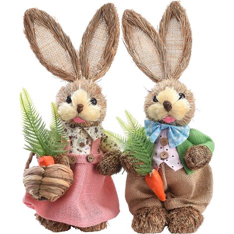 Osterdekorationsset mit 2 Hasen aus Naturrohr mit Karotte, 35 cm, Schaumstoff und Rohrkolben, Grün und Rosa (1/5)