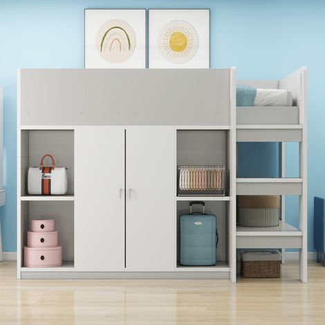 Lit mezzanine 90 x 200 cm gris avec rangements, armoire, étagères et échelle sécurisée (1/5)