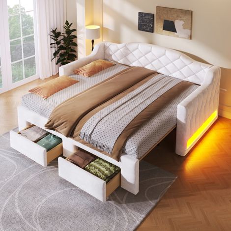 Bett Ausziehbett mit Schubladen LED 90x200 Weiß OKMYHOME (1/5)