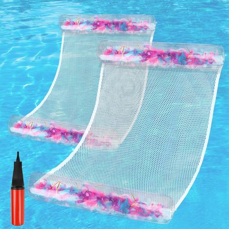 2PCS Matelas Gonflable Piscine avec Plume Coloré, Coussin d’air sur l’Eau, Hamac Flottant avec Filet, Bouee Piscine Transparente (1/5)