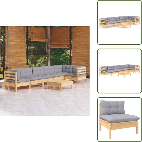 7-tlg. Garten-Lounge-Set mit Grauen Kissen Kiefernholz - Gartensessel - Lounge Set - Gartenmöbel - Outdoor Möbel - Rattan Sessel (1/5)
