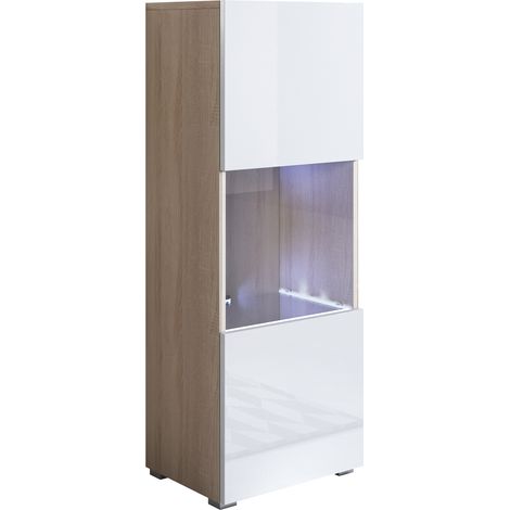 Vitrine 1 porte avec LED – Dimensions 40 x 128 x 29 cm – 3 compartiments – Finition mélamine mate et brillante – Pieds en plastique 2 cm – Lettiemobili (1/4)