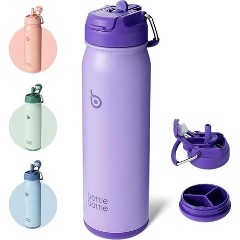 Edelstahl Trinkflasche 24oz mit Strohhalm Pillenfach Outdoor Violett (1/5)