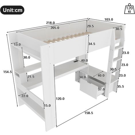 Hochbett Einzelbett mit Schreibtisch, Schublade, Regalen und LED 90×200 cm, ohne Matratze, Weiß (1/4)