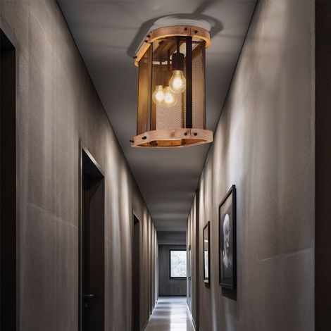 Lampada da soffitto plafoniera in legno luce soggiorno lampada sala da pranzo luce, 3 luci industriale, metallo nero legno marrone scuro, prese E27, LxLxH 45x20x38 cm