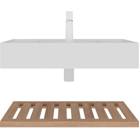 Mueble de baño suspendido 75 cm con lavabo integrado de resina y estante efecto madera (1/5)